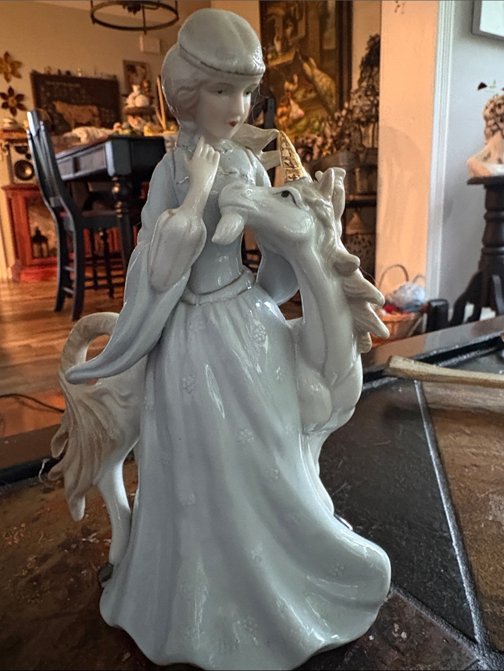 Porcelain Girl with Unicorn Figurine - White and Blue Accent